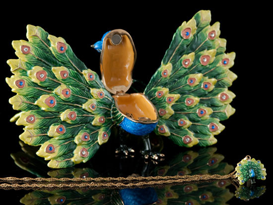 Regal Peacock Jeweled Box and Necklace